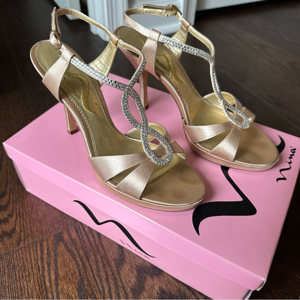 Nina Women’s Gold Satin T-Strap Evening Sandals